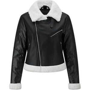 Women's Fur Leather Jacket Shearing Cropped Faux Fur Lined Moto Coat 159 Black